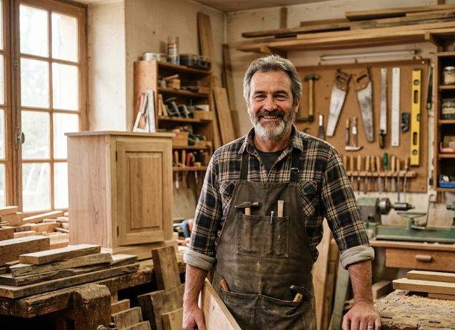 Karim, artisan menuisier, au travail dans son atelier